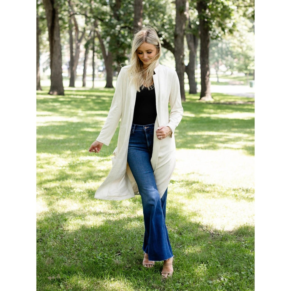 Skies Are Blue Faux Suede Long Duster Minimalist Quiet Luxury Ivory Women‎ M